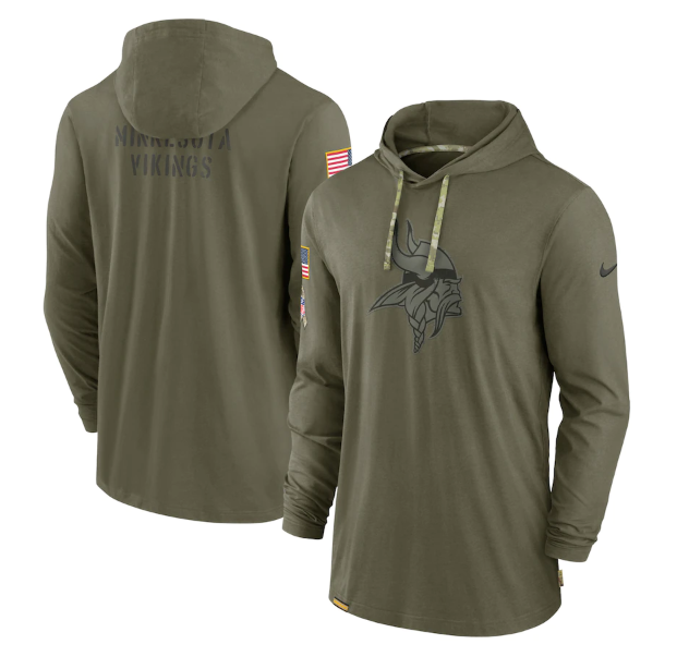 Men's Minnesota Vikings 2022 Olive Salute to Service Tonal Pullover Hoodie Men's Minnesota Vikings 2022 Olive Salute to Service Tonal Pullover Hoodie